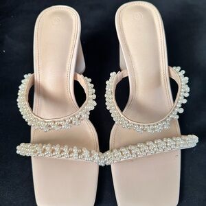 Chic Pearl-Embellished Nude Heels